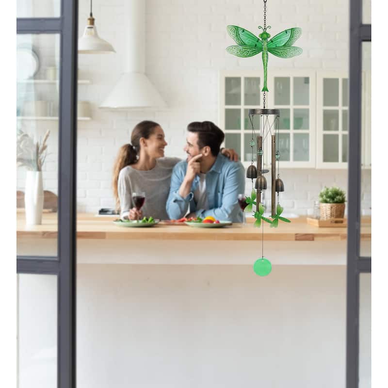 CoTa Global Green Garden Dragonfly Wind Chime – Glass and Metal Chime - 35 inches