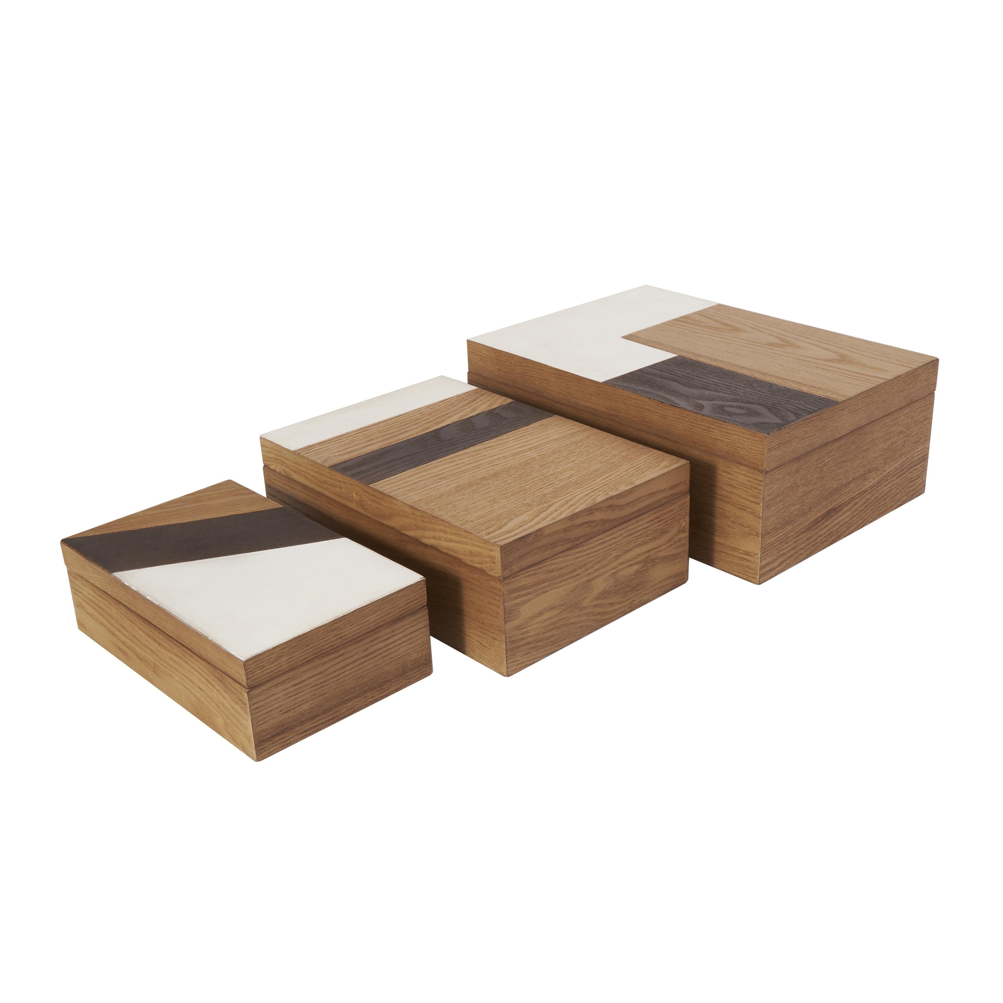 Roche River Decor - Wooden Geometric Box with Cream and Dark Brown Stripes - Set of 3 Brown