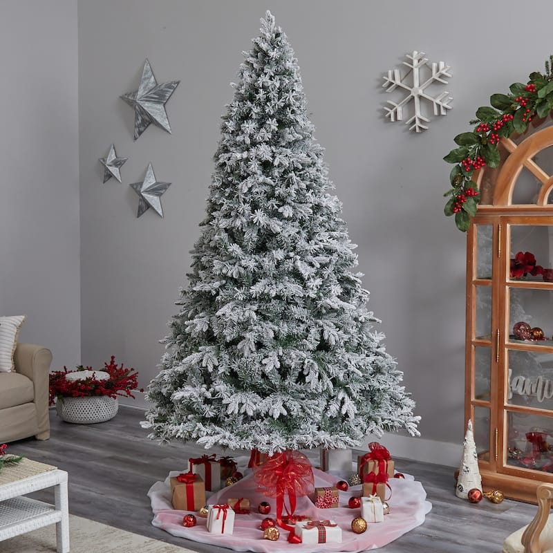 9ft Flocked Christmas Tree with Lights, Artificial Pine Tree, Holiday Decor, Realistic Holiday Tree - Green - 108
