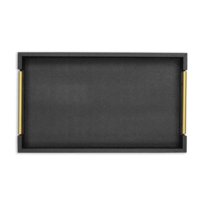 HomeRoots 16" Black Wood Faux Shagreen Serving Tray With Handles - 15.75 in. x 1.75 in. x 9.50 in.