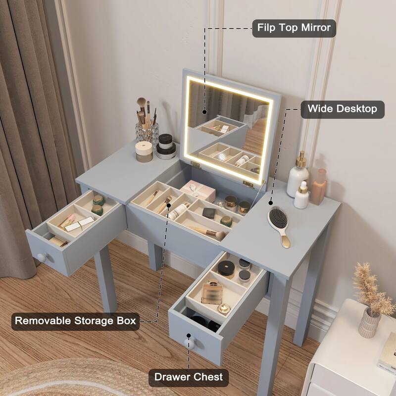 Sleek Vanity Table with LED Lights, Flip-Top Mirror and 2 Drawers, Jewelry Storage for Women Dressing