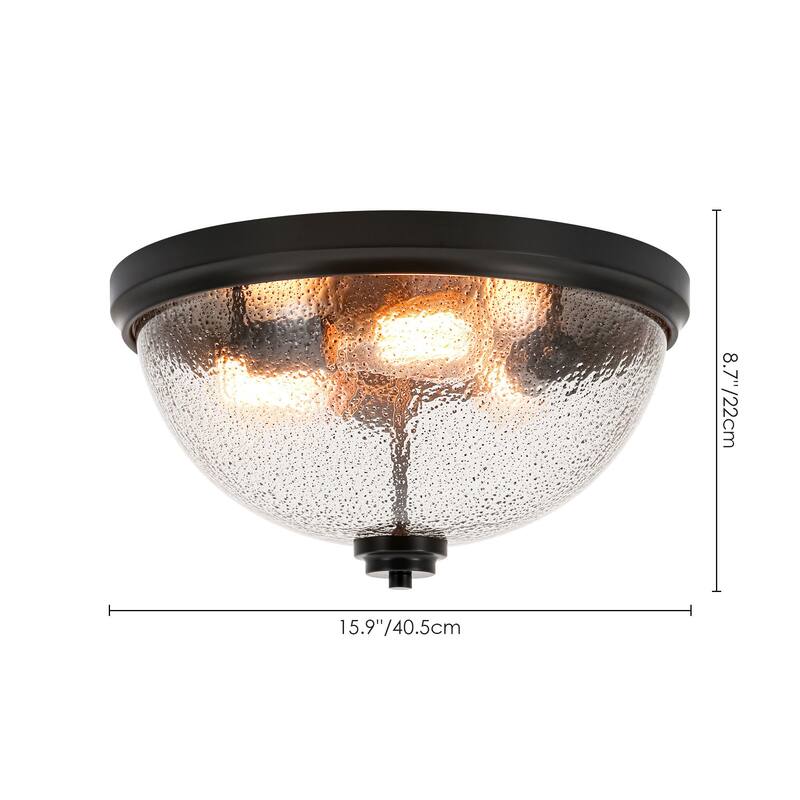 15.9" W 3-Light Vintage Matte Black Dome Metal Flush Mount Bowl Ceiling Light with Transparent Black Textured Glass for Foyer