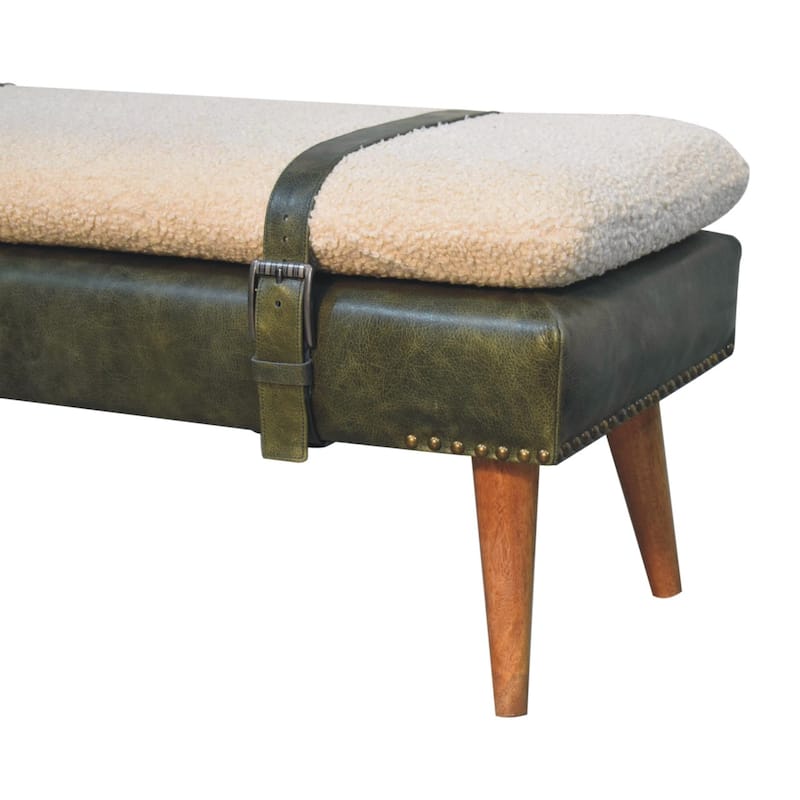 Artisan Furniture Solid Wood Bouclé Buffalo Hide Olive Green Leather Bench, Leather upholstery, Boucle