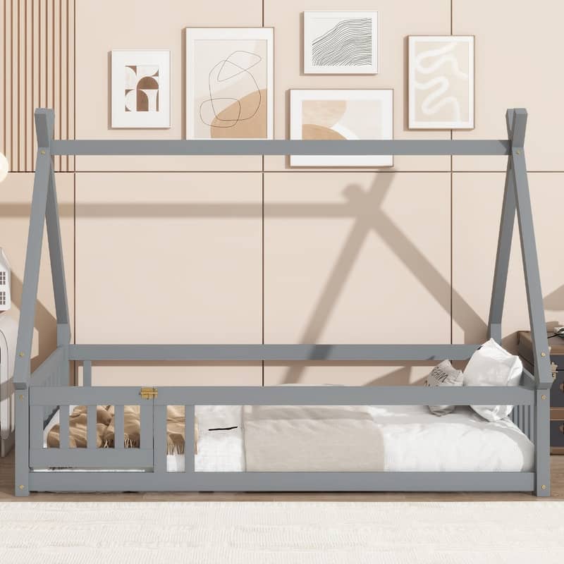 Twin Size Tent-shaped Floor Bed with Guardrails,Slats and Door
