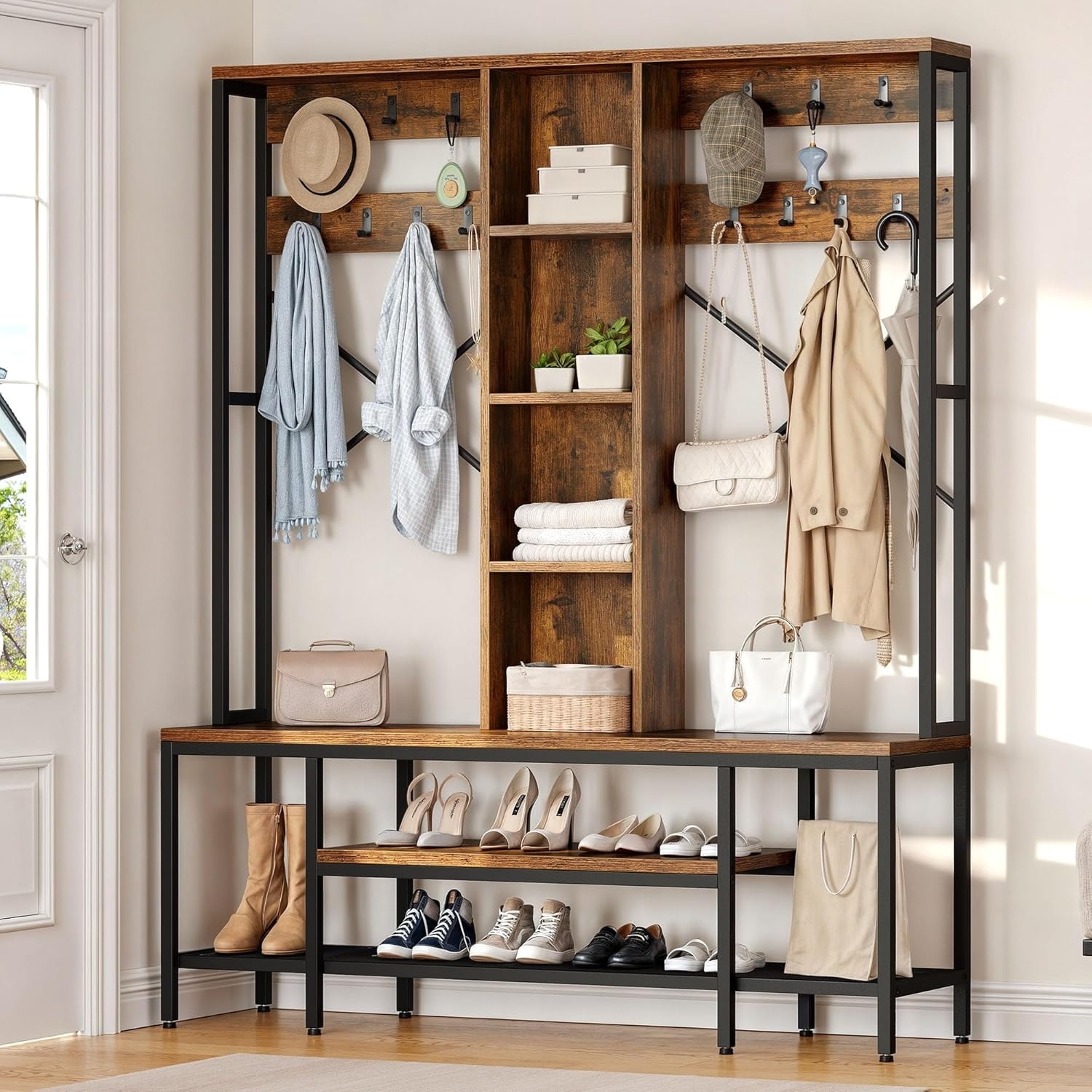 Moasis 5 in 1 Entryway Coat Rack Shoe Bench Industrial Hall Tree Coat Shoe Rack with Hutch Bed Bath Beyond 41020941