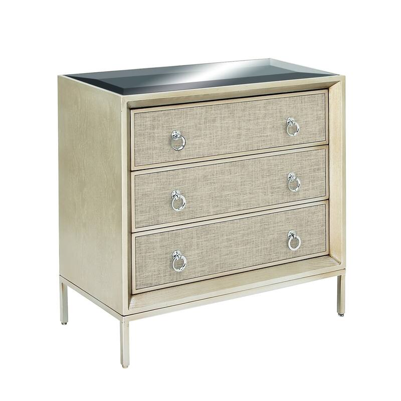 Wooden Upholstered Front Panel 3 Drawer Chest with Mirrored Top and Ring Handles - Beige - Roche River Decor