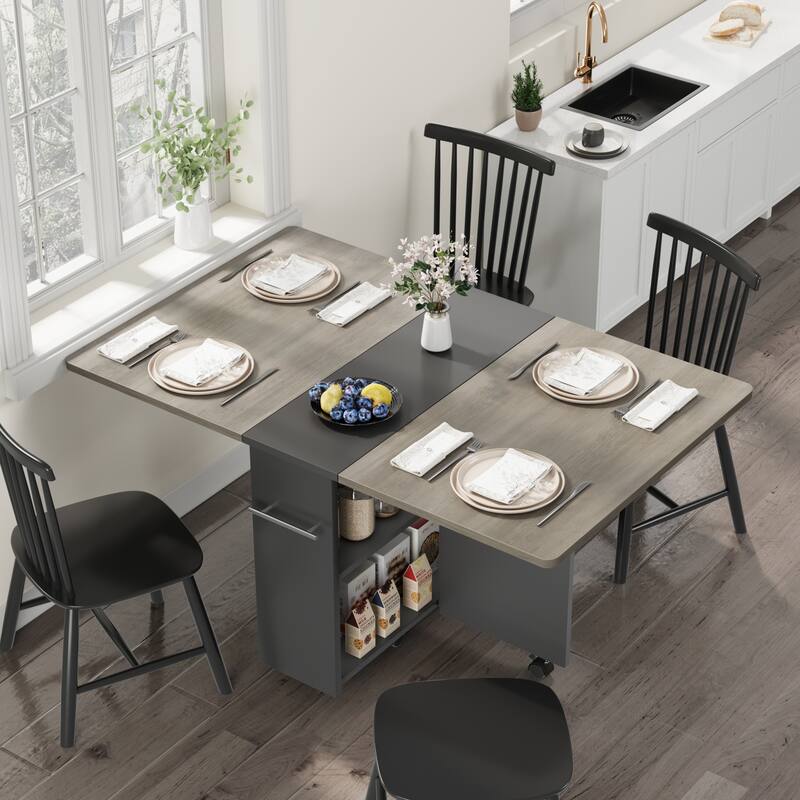 Folding Dining Table with 2 Tier Storage, Extendable Kitchen Table