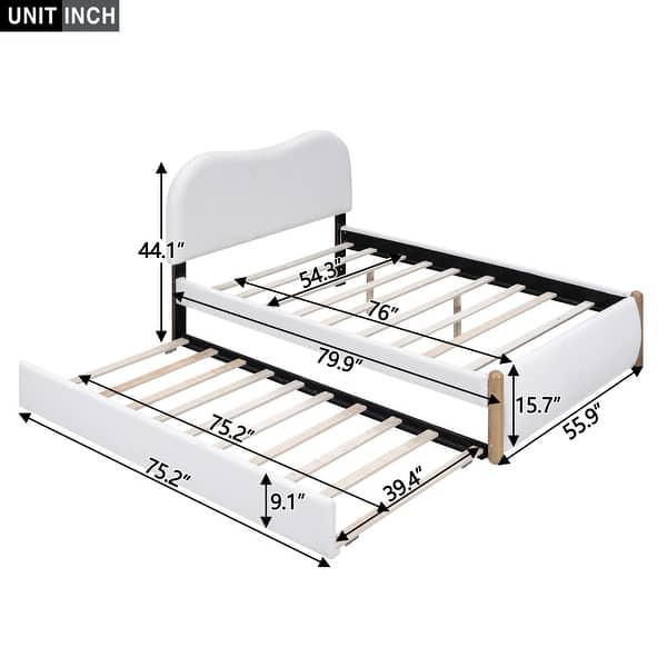 dimension image slide 1 of 2, Nestfair Full Size Upholstered Platform Bed with Wood Supporting Feet and Twin Size Trundle