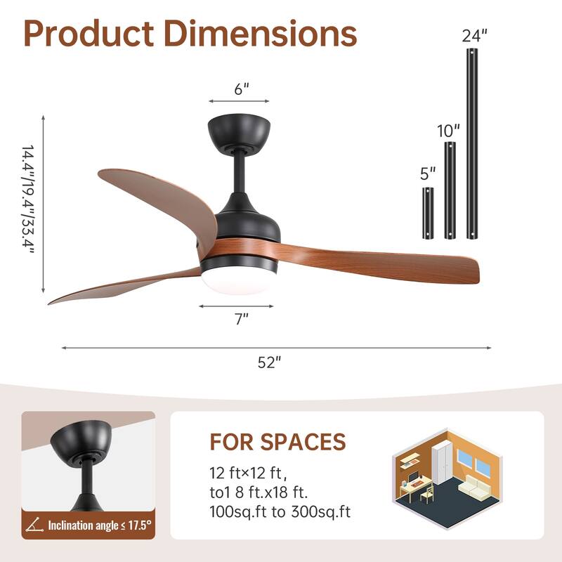 52" Smart Ceiling Fan with Light and Remote Control, 5 ABS Blades, LED Dimmable Optional