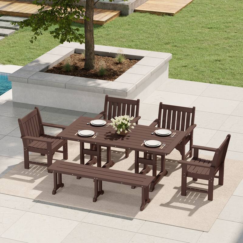 Laguna 6-Piece Outdoor Patio Rectangle Table Garden Arm Chair Dining Set With Bench