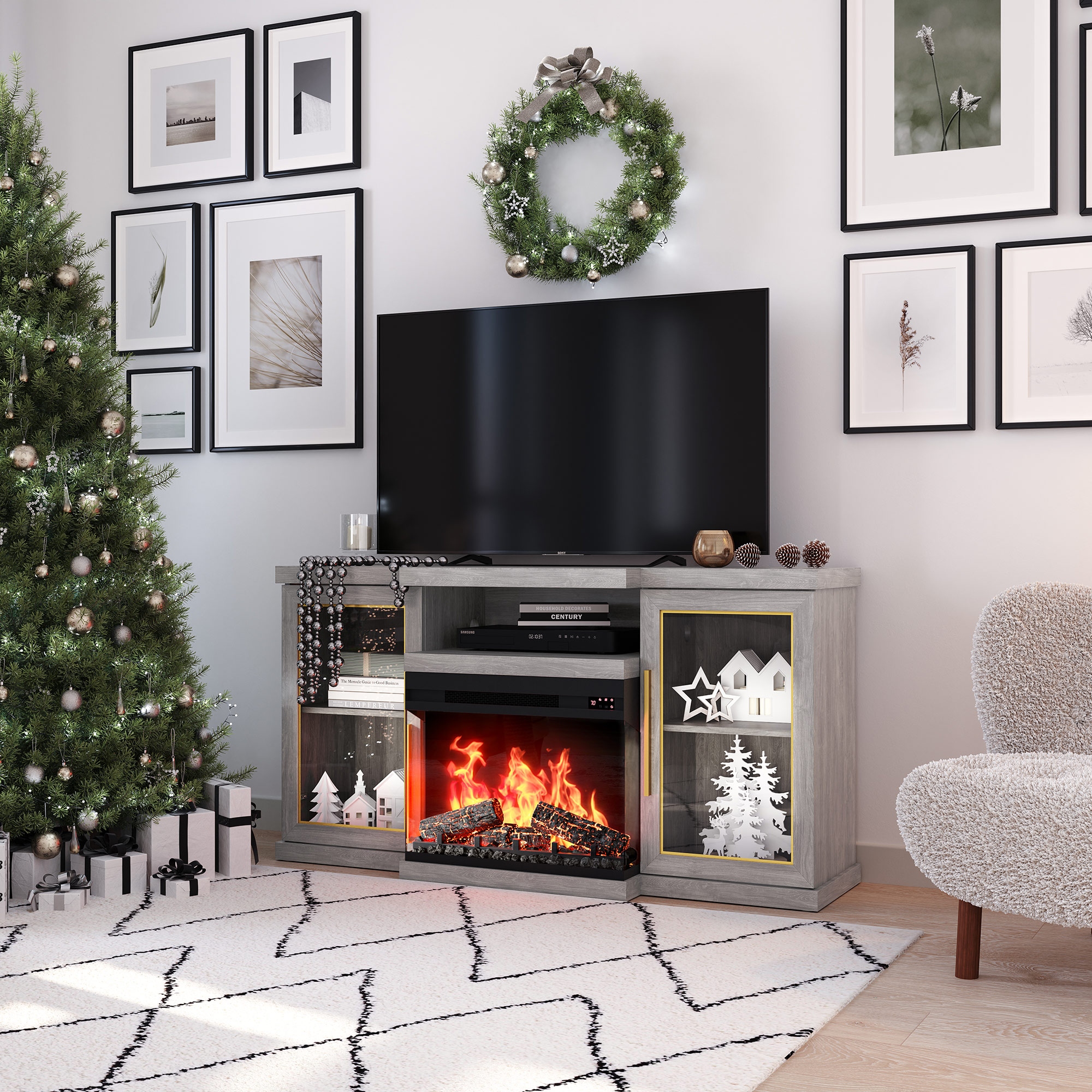 Gray electric shop fireplace tv stand