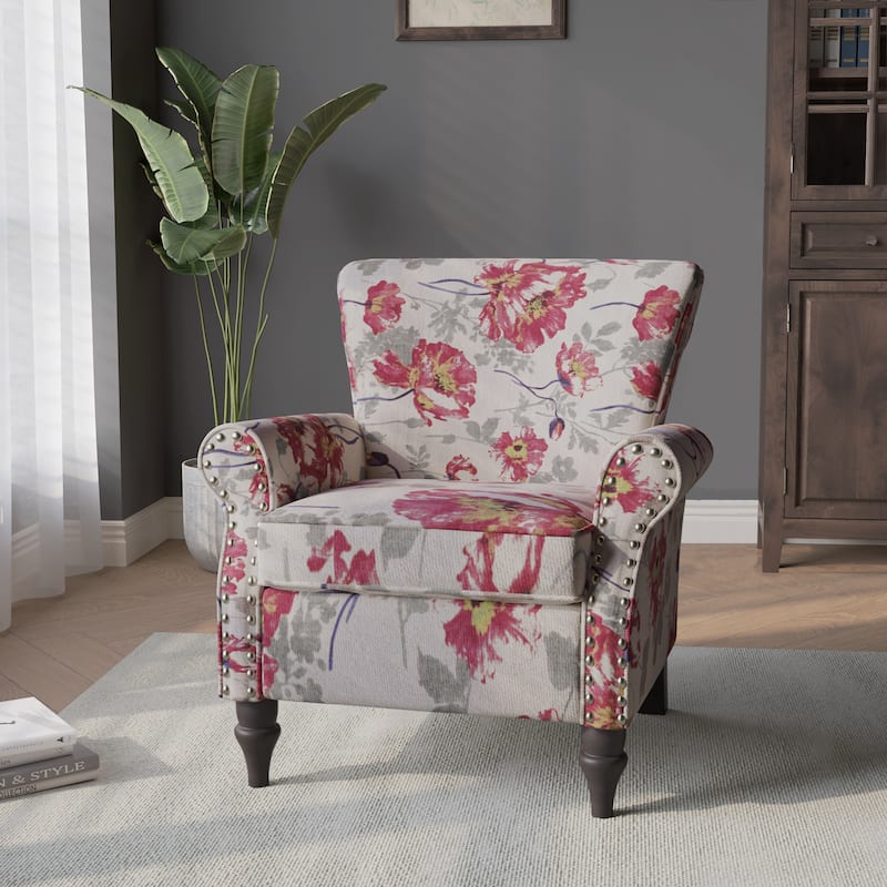 Modern Upholstered Armchair Nailhead Trim Accent Chair - Linen - Floral White