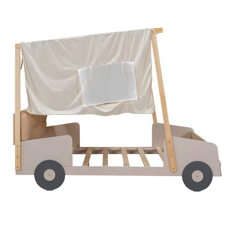 Wood Car Shaped Bed with Pillow,Ceiling Cloth,LED Light and 4 Wheels