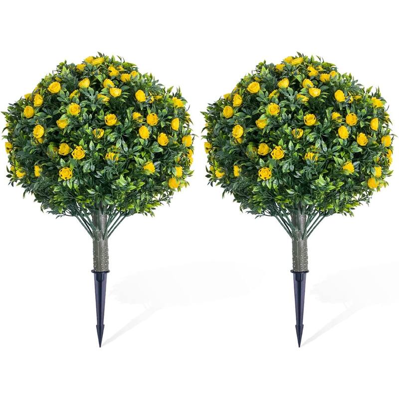 23.6" Artificial Topiary Ball Trees with Rose Flowers Set of 2 - Yellow
