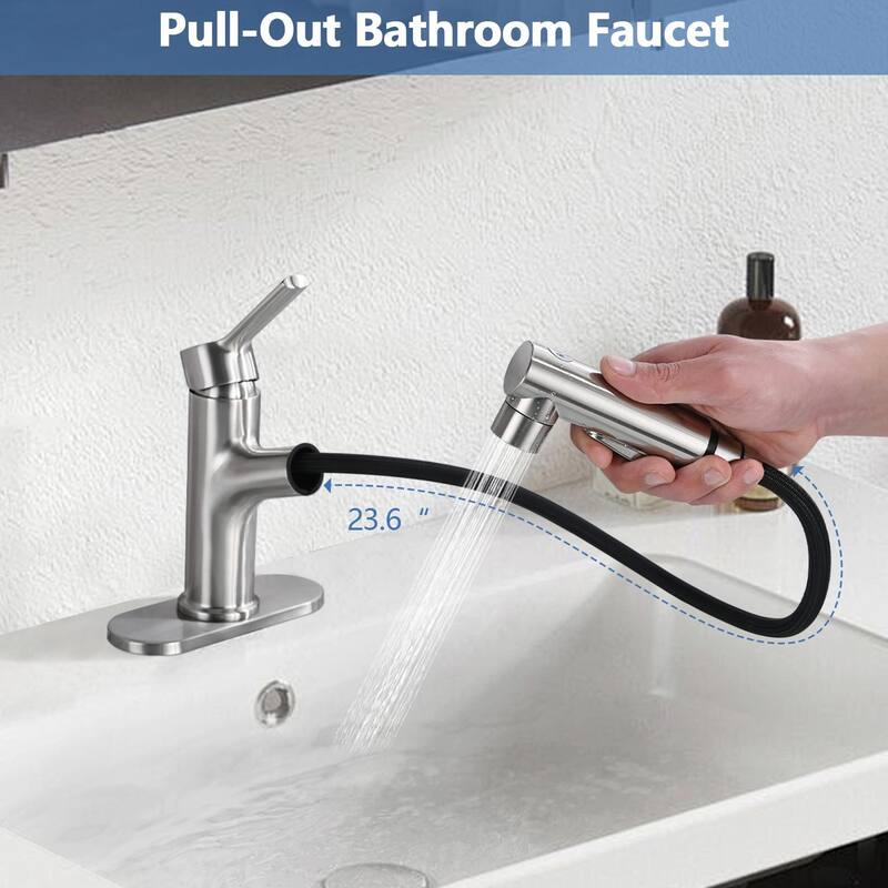 Stainless Steel Bathroom Faucet with Pull-Out Sprayer & 3 Settings