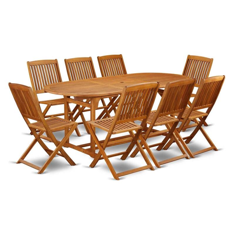HomeStock 9-Piece Natural Oak Finish Solid Wood Top Dining Table with 8 Chairs with Lattice Back