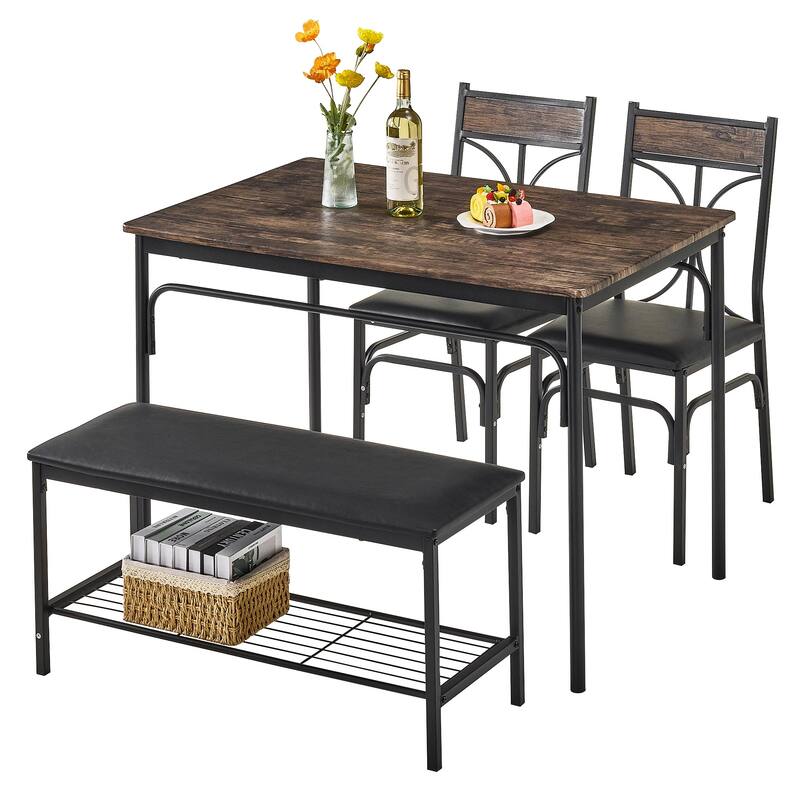 Javlergo Dining Table Set for 4 Kitchen Table with Upholstered Bench and 2 Chairs Kitchen Table and Chairs Set - 4-Piece Sets - Brown