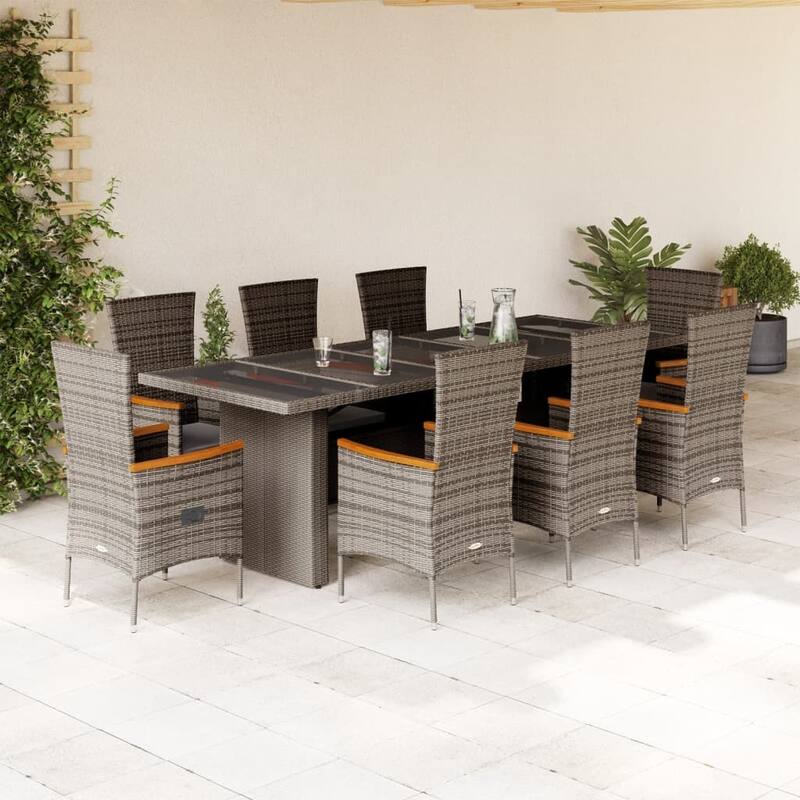 vidaXL Patio Dining Set with Cushions Garden Outdoor Furniture Gray Poly Rattan - 22.8" x 24.4" x 42.5" - Gray 9pcs-armchair
