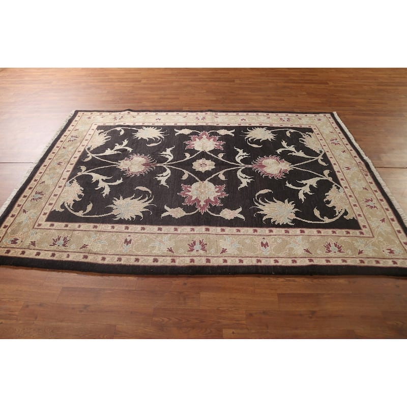 Black Floral Oushak Oriental Area Rug Hand-Knotted Wool Carpet - 5'5" x 7'9"