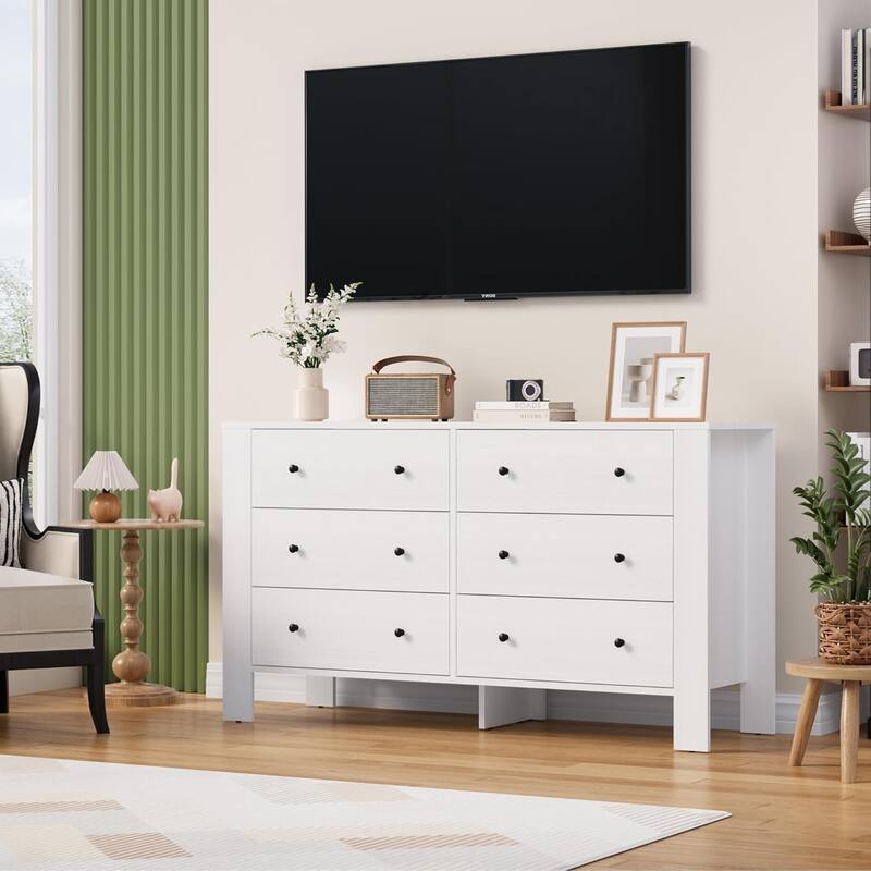 6 Drawer Dresser for Bedroom, Wide White Chest with Deep Drawers and Metal Knobs, Modern Storage for Hallway, Kids Room