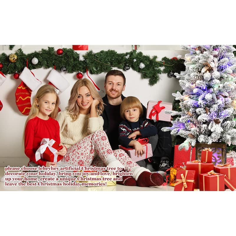 Pre-Lit Flocked Christmas Tree - Multicolour LED Lights, Pine Cones, Glitter Base, Light-Up Basin, Easy Assembly - White+Green