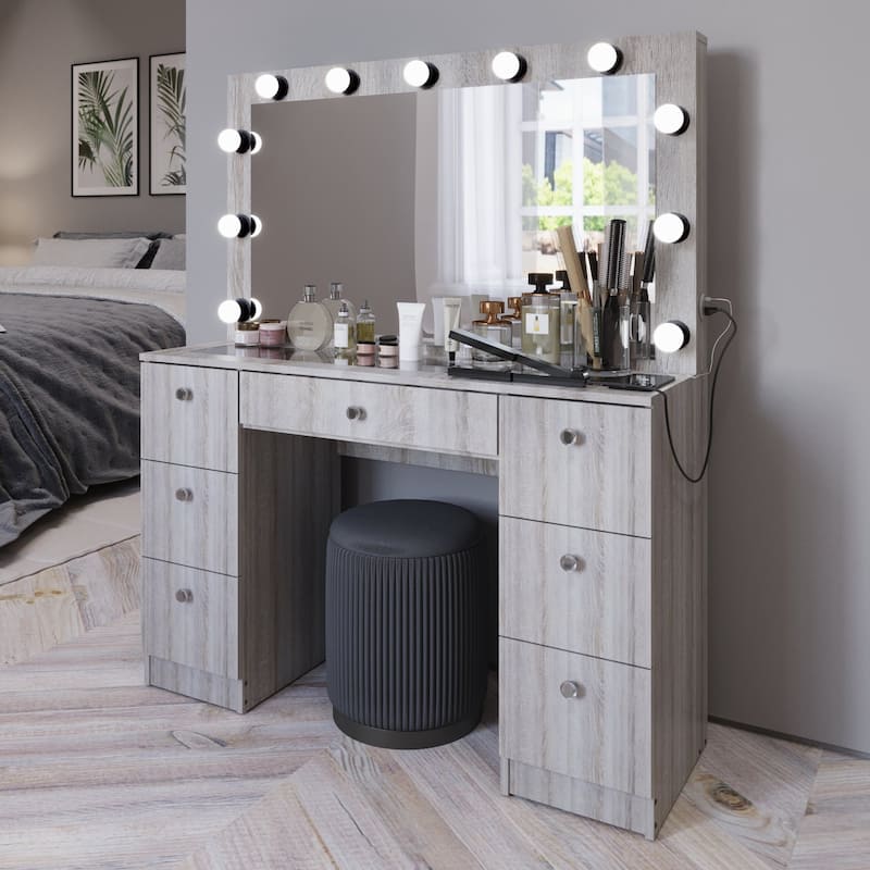 Modern White Makeup Vanity Desk with 13 Dimmable Lights, Glass Top, USB-A & USB-C, 7 Drawers, Hair Dryer Holder, and Stool