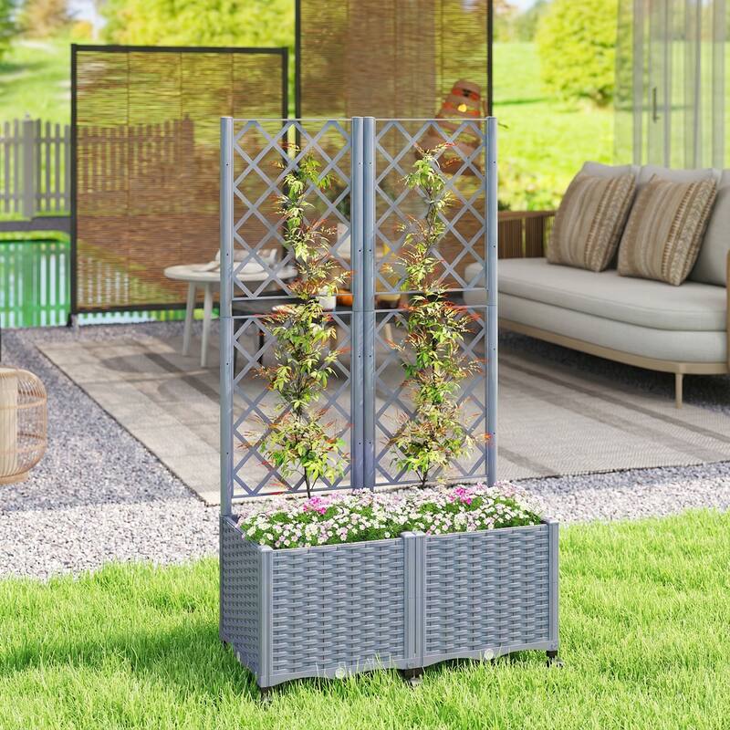Outsunny Planter Box with Trellis, Self Watering Raised Garden Bed with Lockable Wheels, 56.3" Trellis Privacy Planter - Grey
