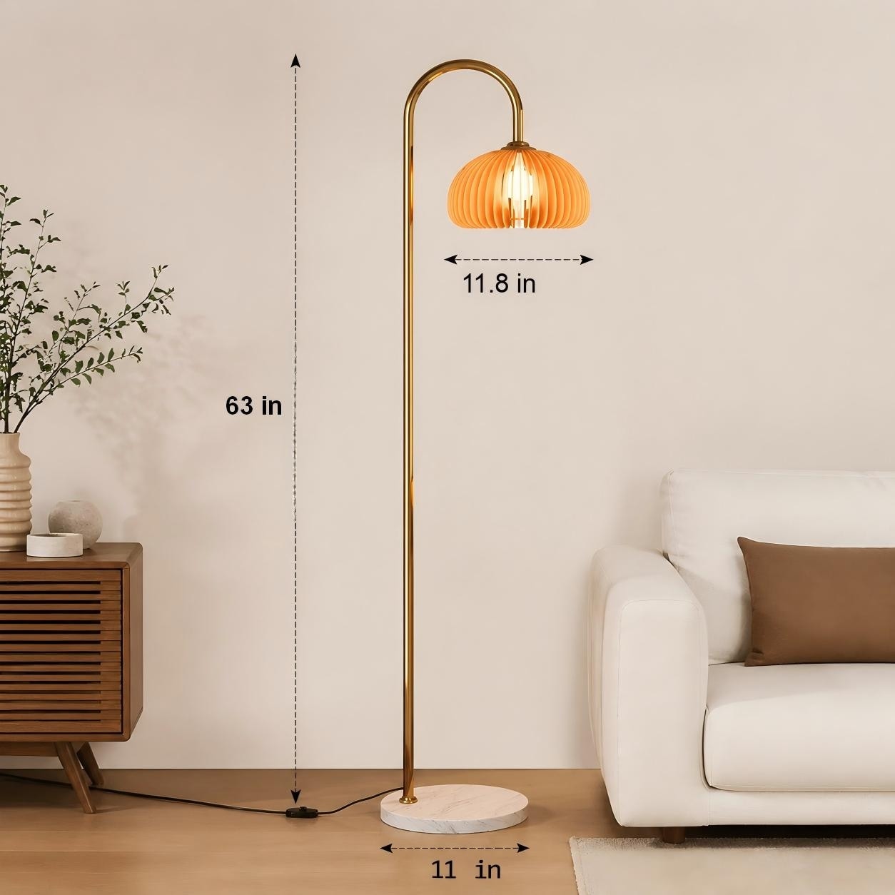 Mid-Century Wooden Pumpkin Arc Floor Lamp with Marble Base
