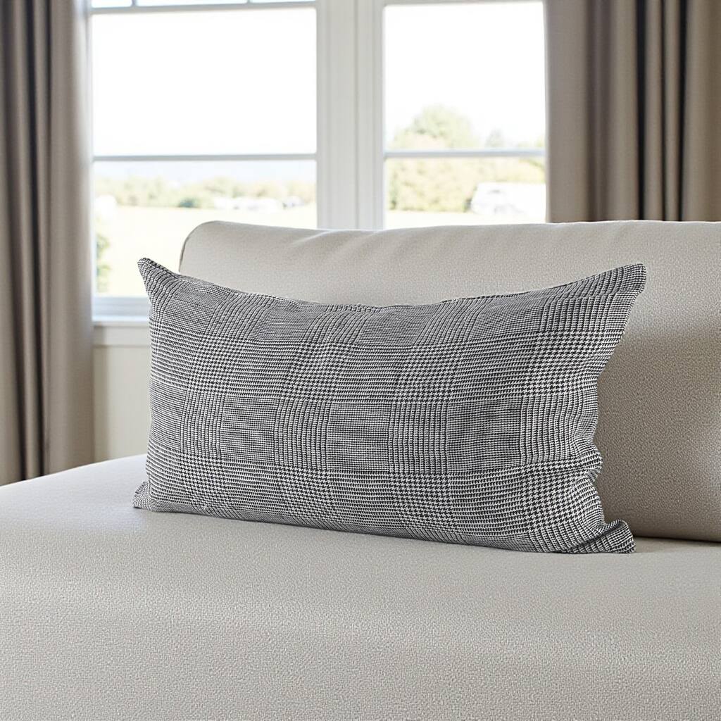 HomeRoots 14" X 26" Black And White Herringbone Plaid Linen Throw Pillow Cover