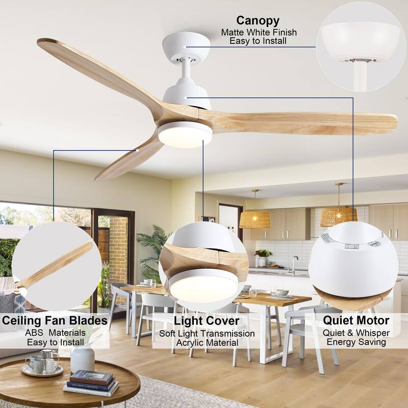 YUHAO SylvanAir Modern 52 in. Flush Mount Outdoor/Indoor Ceiling Fan with 3 Solid Wood Blades and DC Reversible Motor