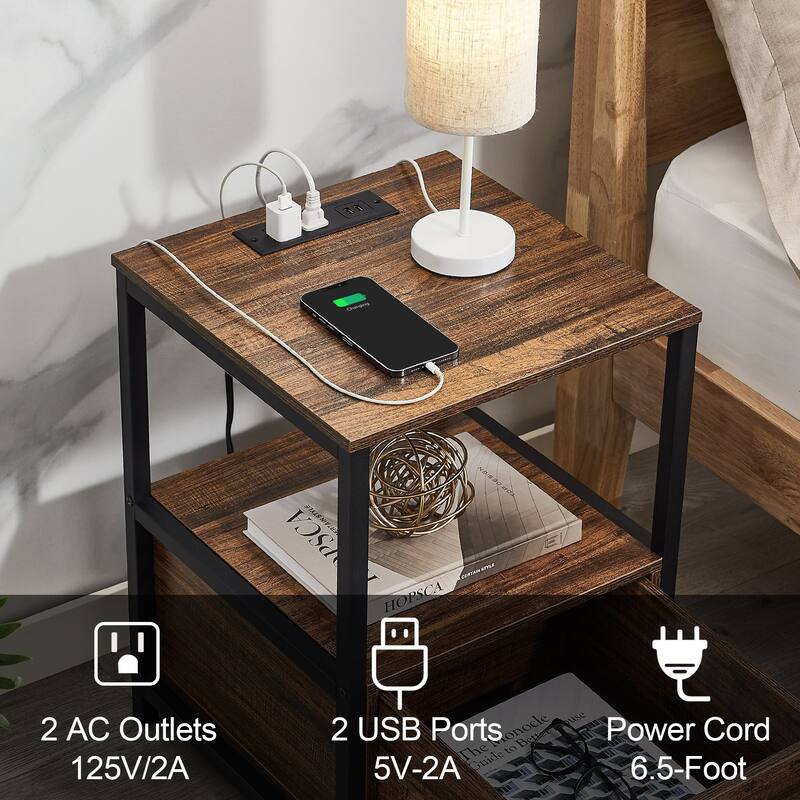 Javlergo Nightstand with Charging Station and Drawers End Side Tables with Open Storage Shelf for Bedroom Living Room