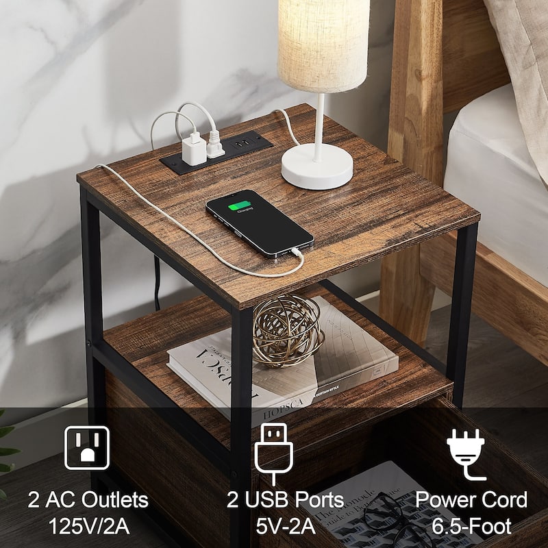 Javlergo Set of 2 Nightstand with Charging Station and Drawers, End Side Tables with Open Storage Shelf
