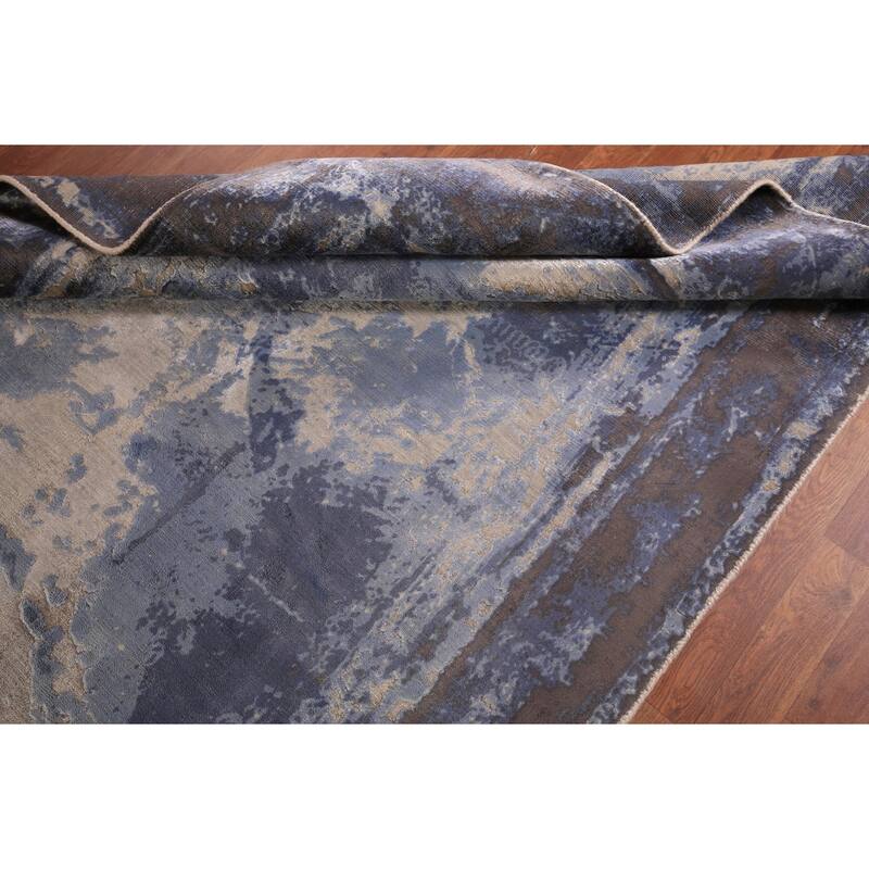 Abstract Modern Area Rug Handmade Blue Wool Carpet - 5'4" x 7'6"