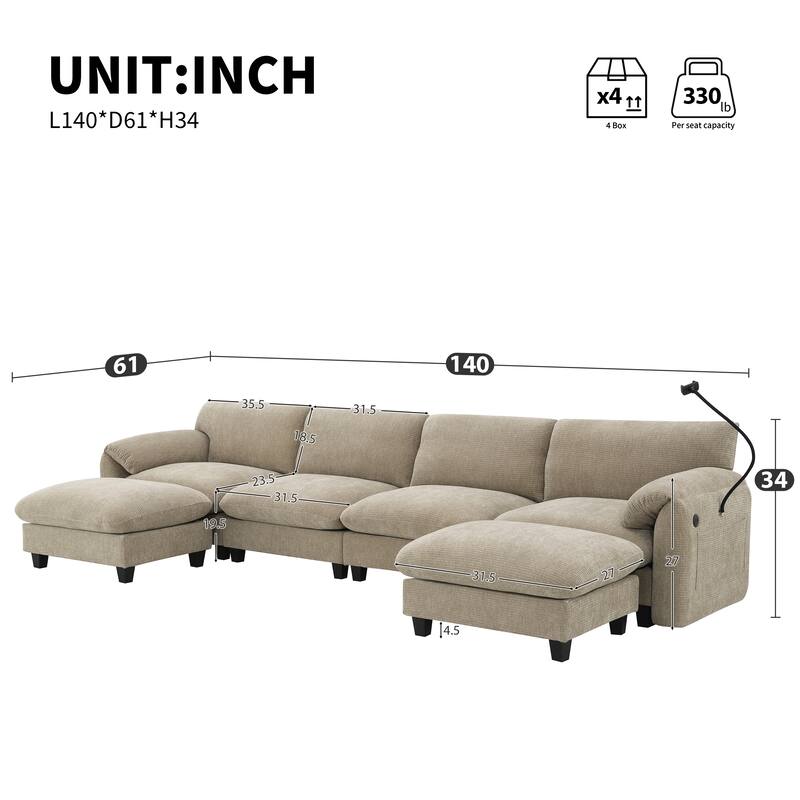 140-Inch Chenille Sectional Sofa with USB and Type-C Charging Ports, Phone Holders, Side Storage Pockets, Movement Ottomans