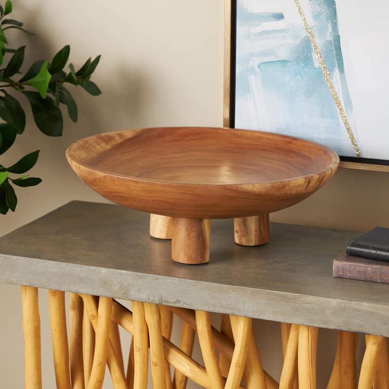 Teak Wood Handmade Round Decorative Bowl with Peg Legs - Brown - Roche River Decor - 17"W x 17"L x 6"H