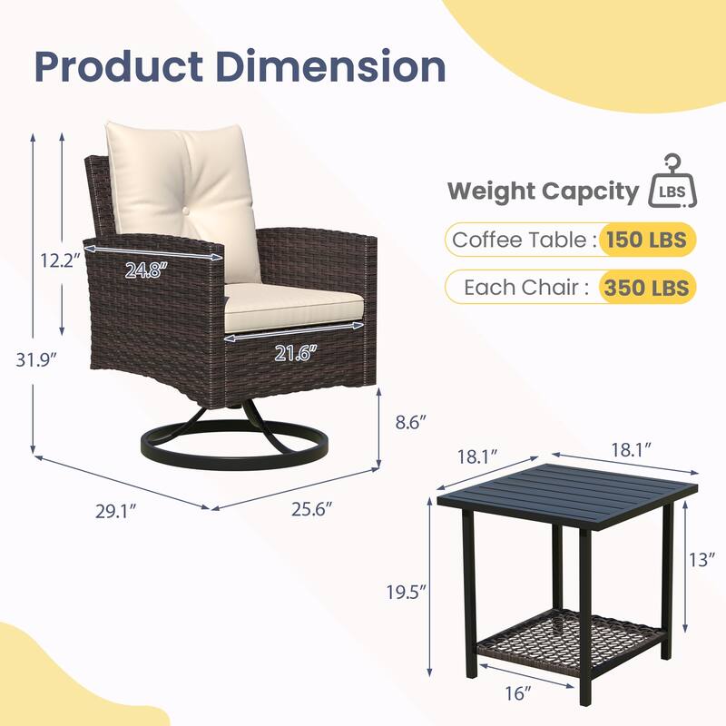 Outdoor Swivel Rocker Patio Chairs Set of 2 with Coffee Table &Cushions, Rattan Bistro Set for Porch, Backyard, Balcony