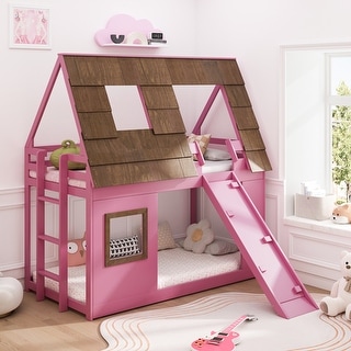 Cozy and Fun Wood Twin Size House Bunk Bed with Window Roof Shape Design with Ladder and Climbing Ramp