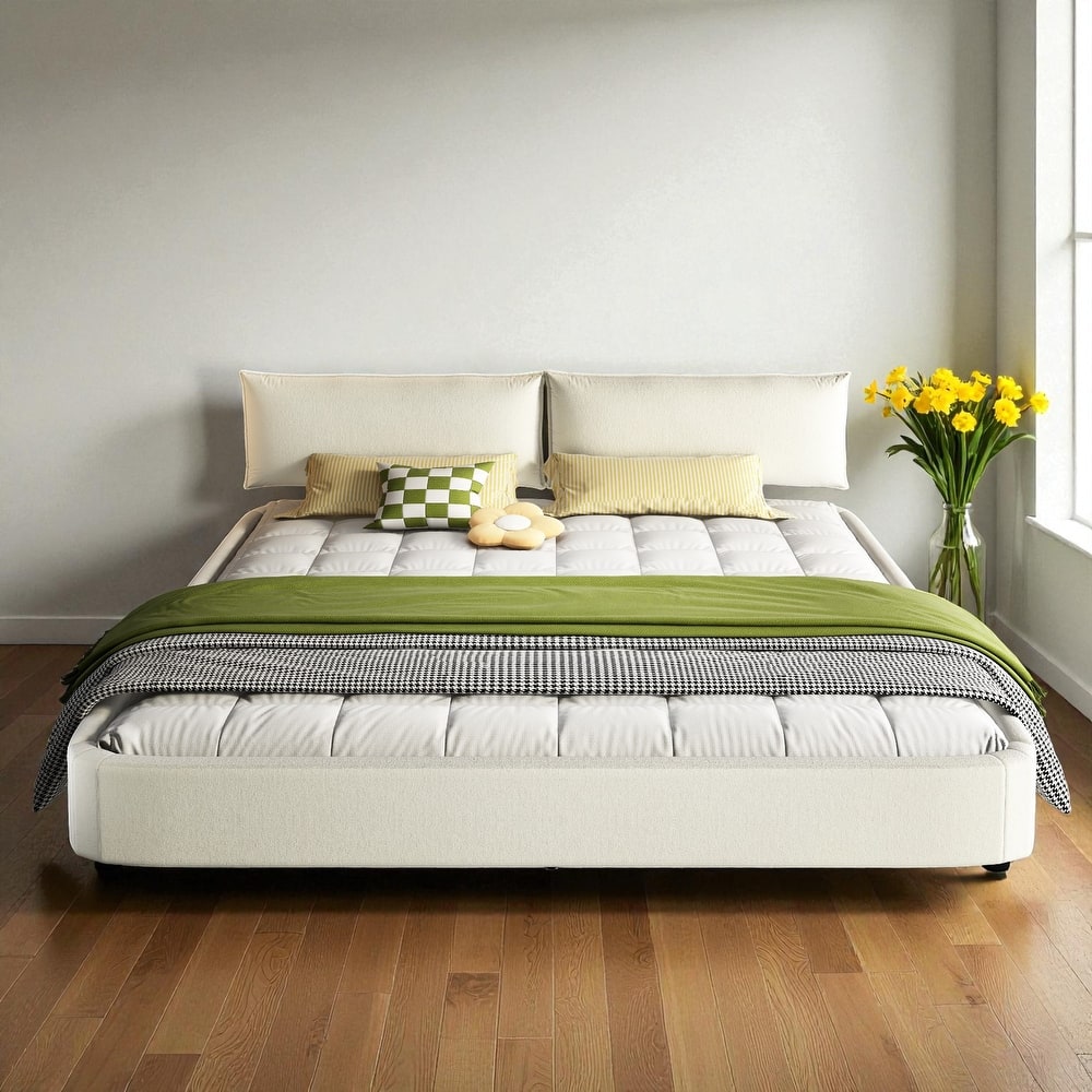 King Size Cloud Bed Frame with Oversized Movable Headboard, Chenille Upholstered Platform Bed with Metal & Wood Support