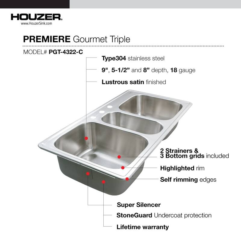 Houzer PGT-4322-C Premier 41-5/16" Drop In Triple Basin Stainless - Stainless Steel
