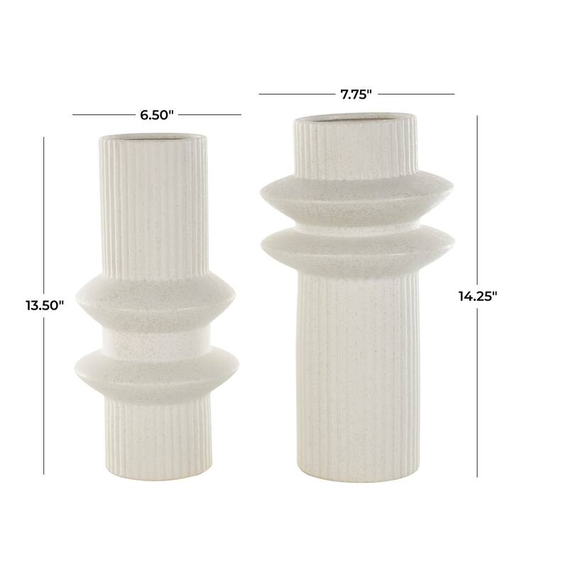 White Ceramic Ribbed Abstract Decorative Vase with Speckled Texturing (Set of 2)