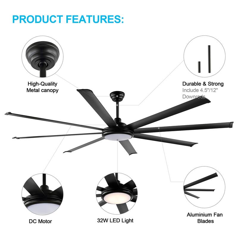 WINGBO 64" and 72" and 80" and 96" Indoor Ceiling Fan with LED Light and Remote