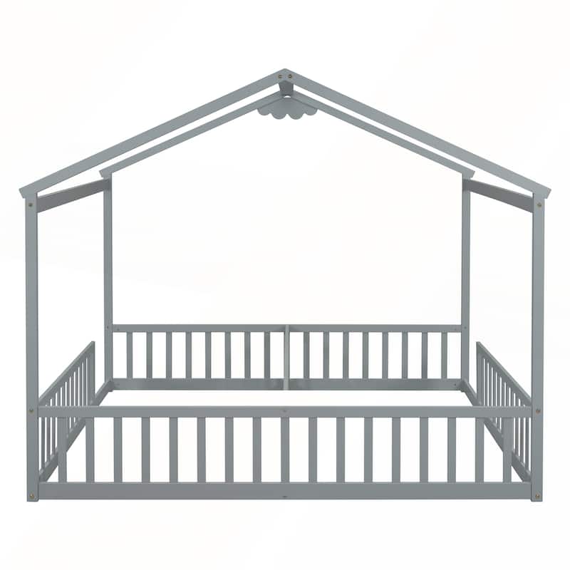 Double Twin House-Style Floor Bed with Fence