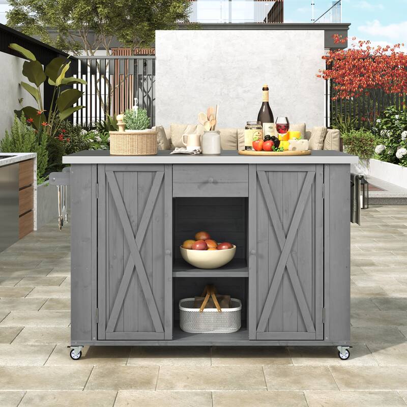 Roomfitters Outdoor Fir Wood Kitchen Island with Stainless Steel Top Towel & Spice Racks Bottle Opener