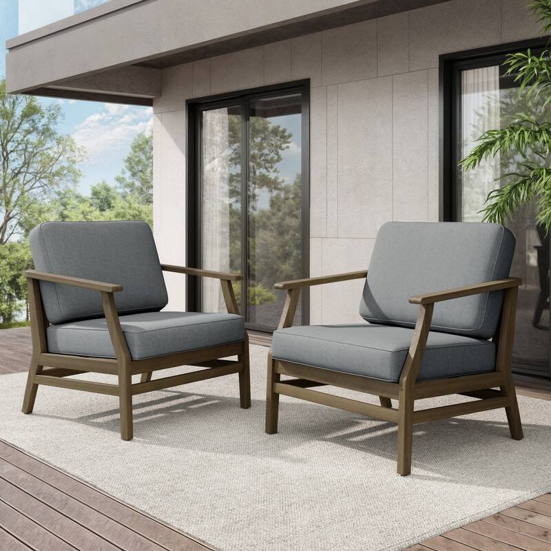 Teak Outdoor Patio Club Chairs Loveseat with Cushions - Natural Wood - 2 chairs/Light Grey