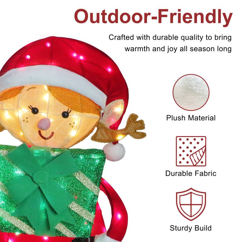 Puleo International Set of 2 Elf Couple with Gift Boxes and Candy Cane with 264 Multi-Color LED Lights - Red