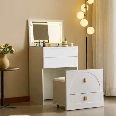 Small Makeup Table with Mirror, 3 in 1 Compact Vanity Desk, Flip Over Vanity Desk with 3 Drawers, Stool & Power Outlet
