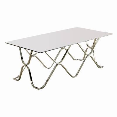 Metal and Glass Coffee Table with Wavy Base Design, Silver and Clear