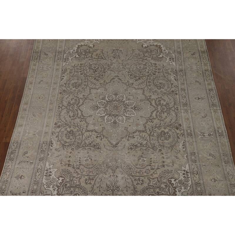 Distressed Tabriz Vintage Persian Rug Handmade Beige Wool Carpet - 8'1" x 11'4"