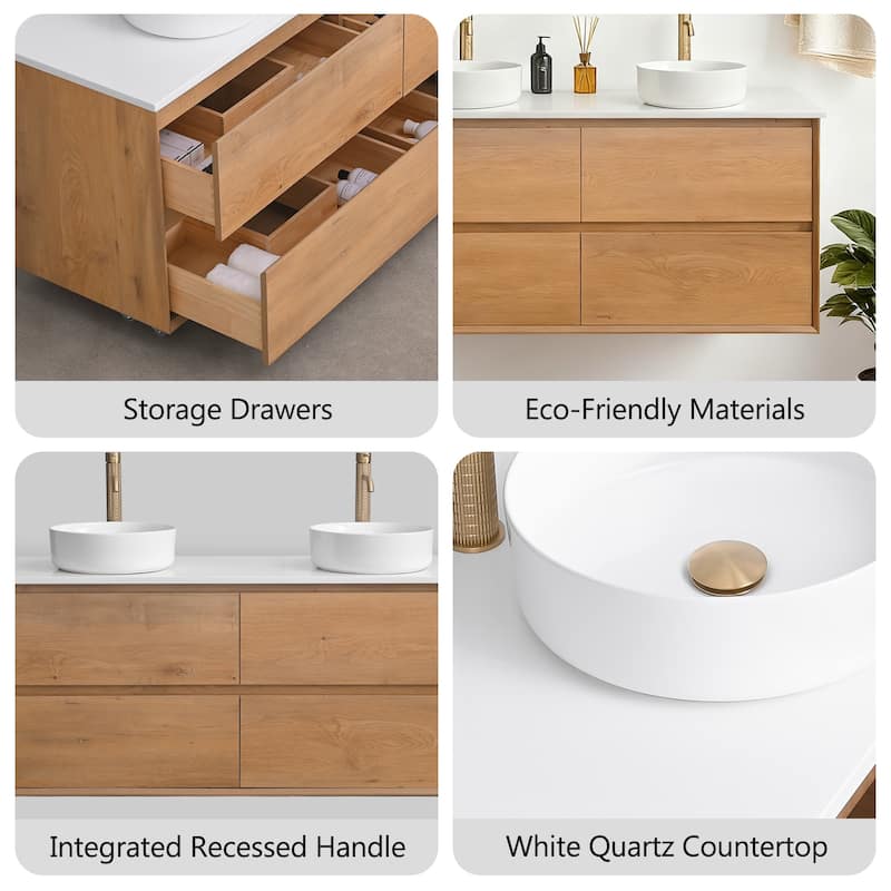Sylphar 60 inch Toffee Oak Floating Bathroom Vanity with White Quartz Top