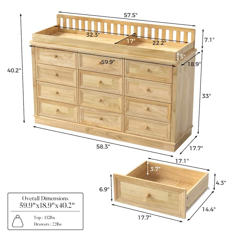 Extra Wide Solid Pine Wood 12-Drawer Changing Table Dresser – 59.9" Real Wood Nursery Dresser with Removable Topper